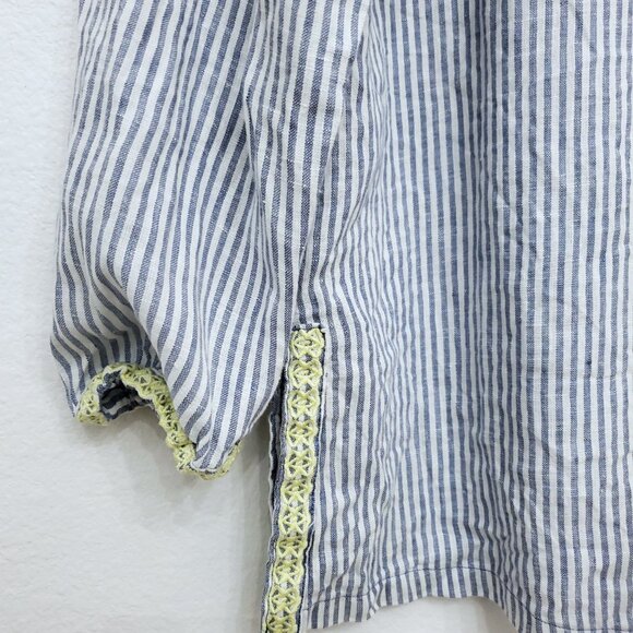 Spartina 449 Striped V-Neck Linen Tassel Blouse With Yellow Accents Size Medium - Picture 5 of 12